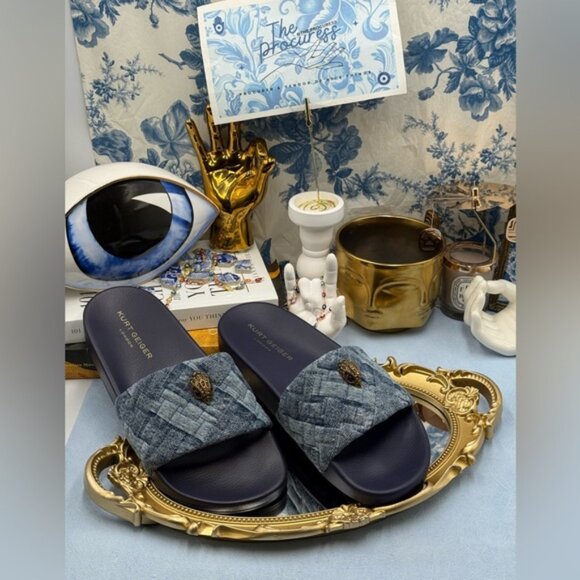 🆕 KURT GEIGER LONDON 🧿 NWOB Blue Denim Meena Eagle Slides, Sz EU 41 US10 - Picture 2 of 12